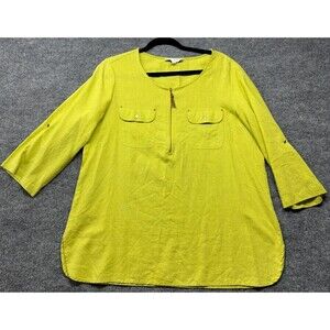 Emily Daniels XL Lime Green Linen Rayon 3/4 Sleeve Tunic Top Zip Front Pockets